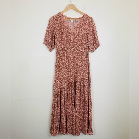 Sundance orange & brown floral print lace trim asymmetric flounce maxi dress. S - Picture 2 of 8
